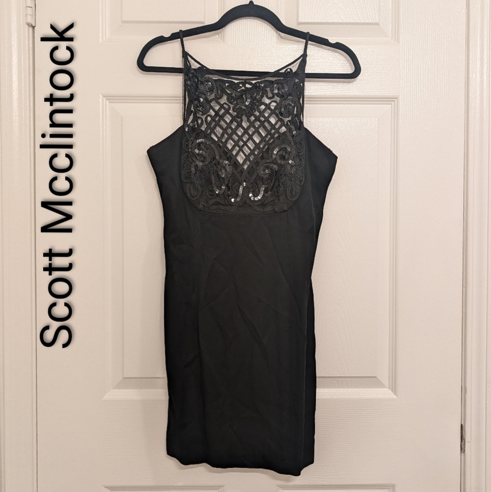 Vintage Scott McClintock Little Black Dress High Neck Lace Detail Size 8 Goth